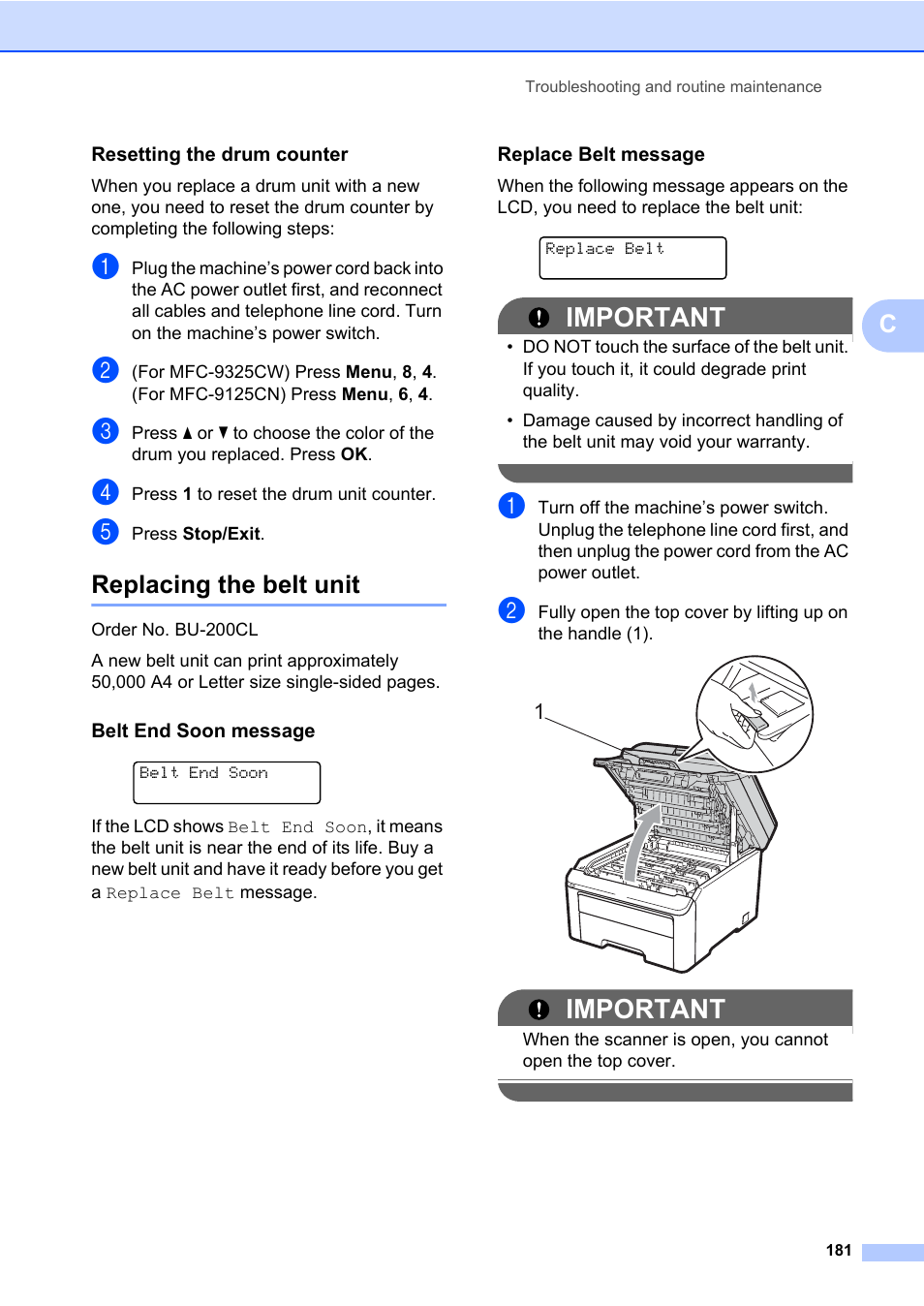 Resetting the drum counter, Replacing the belt unit, Belt end soon message | Replace belt message, Important | Brother Fax Machine/Multi-Function Center MFC-9125CN User Manual | Page 197 / 267