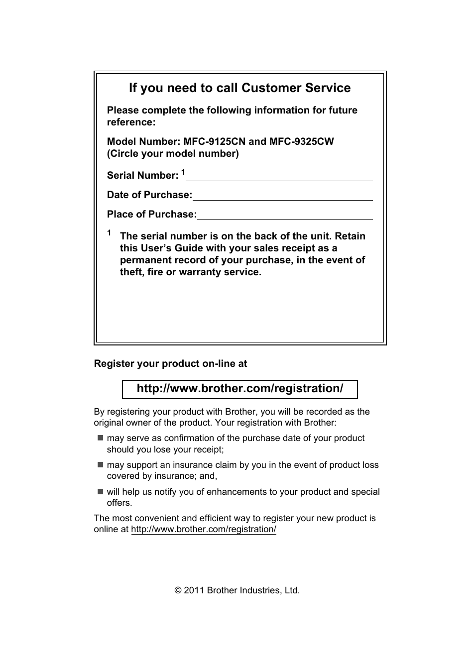 If you need to call customer service | Brother Fax Machine/Multi-Function Center MFC-9125CN User Manual | Page 2 / 267