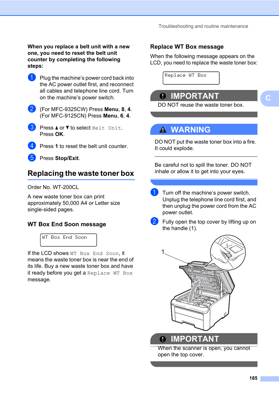 Replacing the waste toner box, Wt box end soon message, Replace wt box message | Important, Warning | Brother Fax Machine/Multi-Function Center MFC-9125CN User Manual | Page 201 / 267