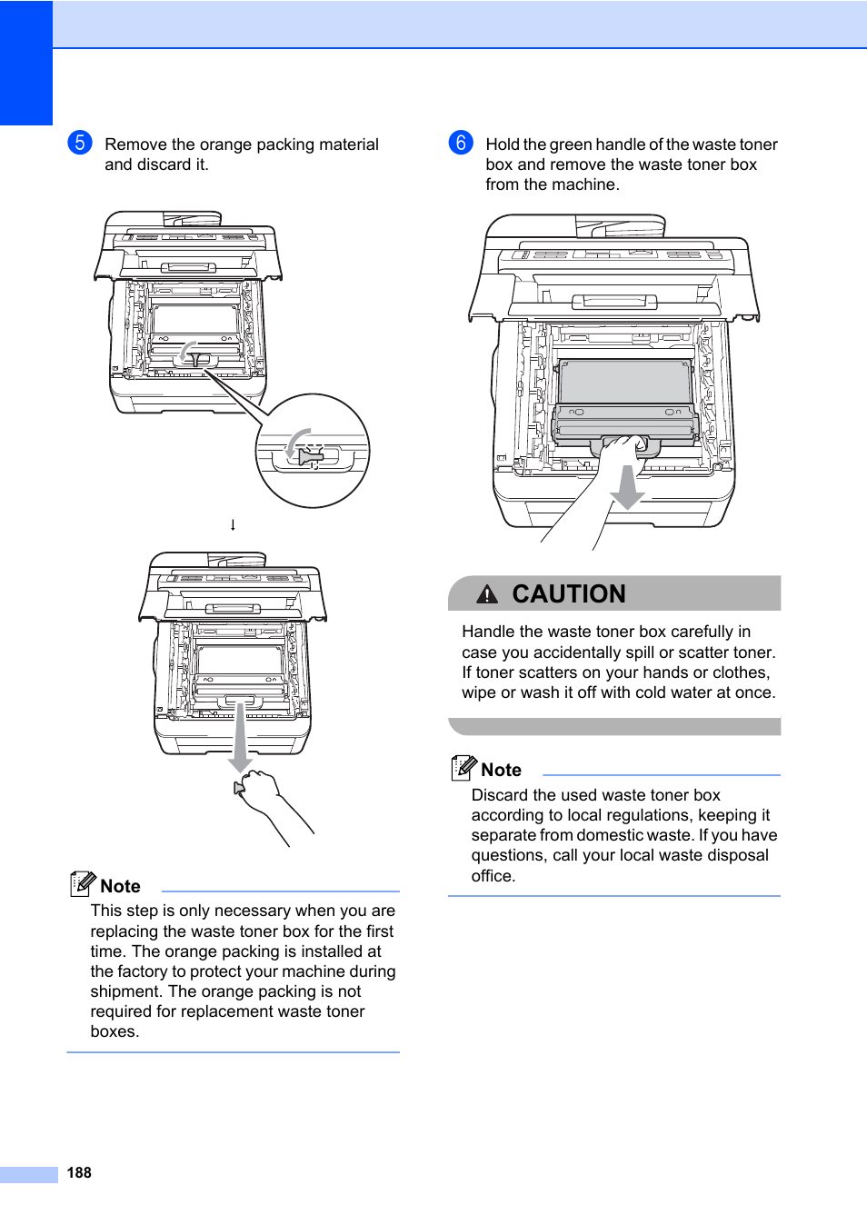 Caution, Remove the orange packing material and discard it | Brother Fax Machine/Multi-Function Center MFC-9125CN User Manual | Page 204 / 267