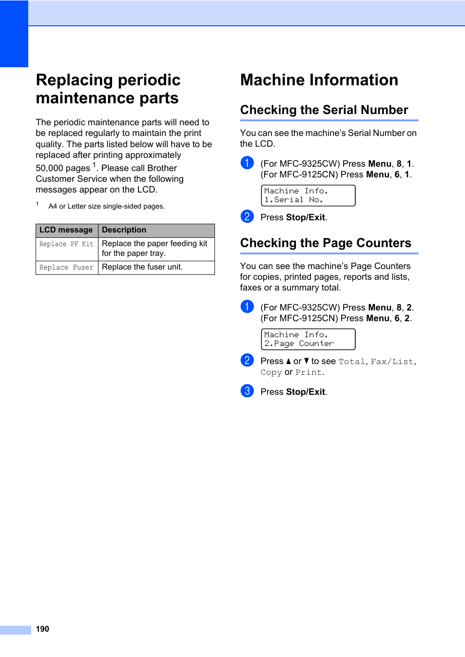 Replacing periodic maintenance parts, Machine information, Checking the serial number | Checking the page counters | Brother Fax Machine/Multi-Function Center MFC-9125CN User Manual | Page 206 / 267