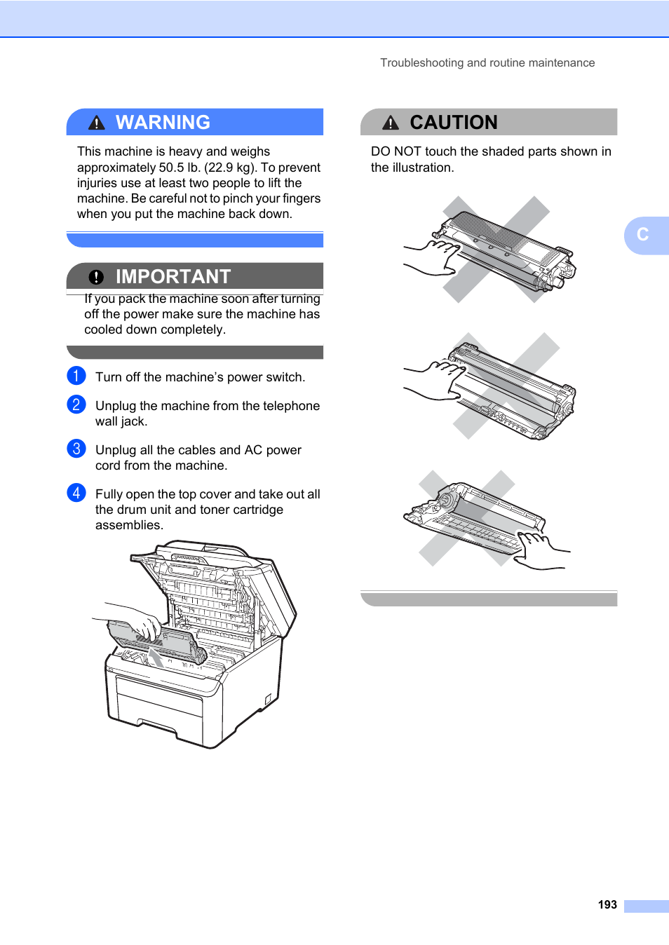 Warning, Important, Caution | Brother Fax Machine/Multi-Function Center MFC-9125CN User Manual | Page 209 / 267