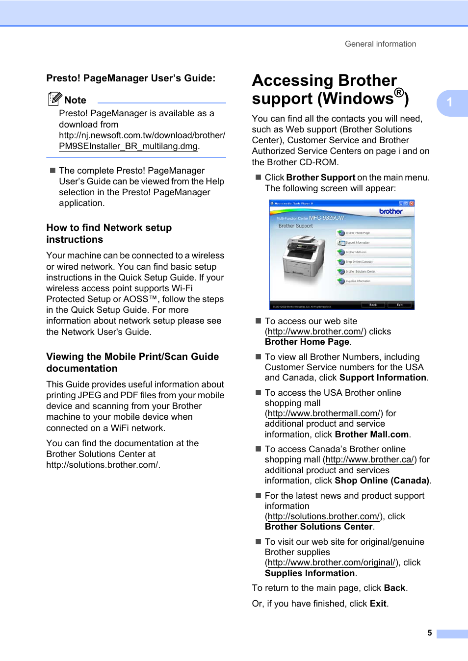 How to find network setup instructions, Viewing the mobile print/scan guide documentation, Accessing brother support (windows®) | Accessing brother support (windows | Brother Fax Machine/Multi-Function Center MFC-9125CN User Manual | Page 21 / 267