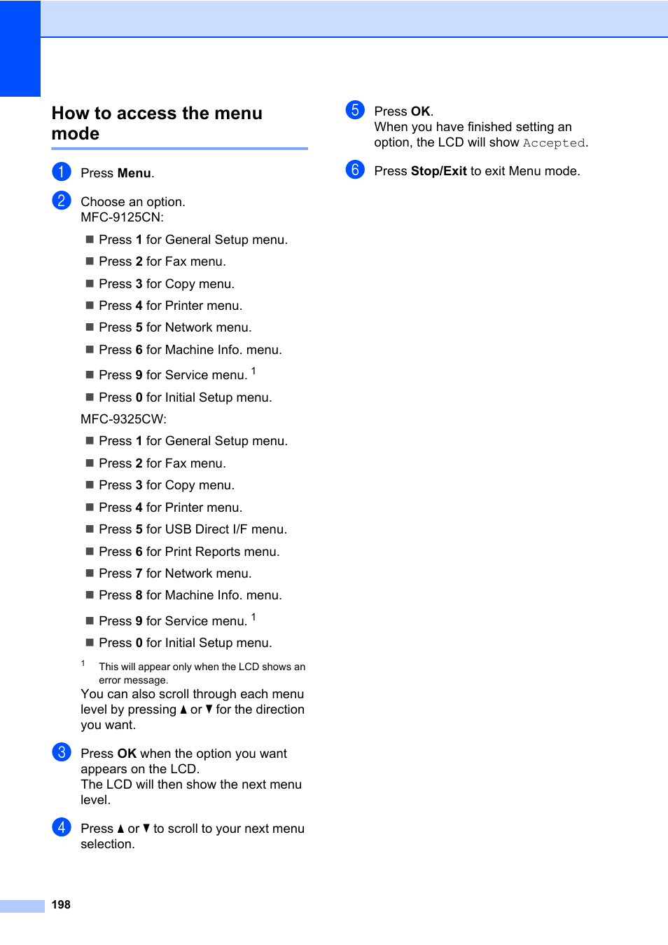 How to access the menu mode | Brother Fax Machine/Multi-Function Center MFC-9125CN User Manual | Page 214 / 267