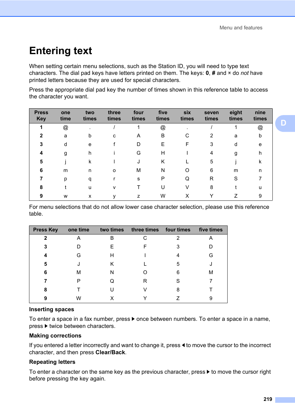 Entering text | Brother Fax Machine/Multi-Function Center MFC-9125CN User Manual | Page 235 / 267