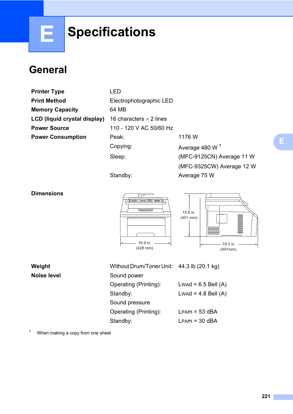 E specifications, General, Specifications | Brother Fax Machine/Multi-Function Center MFC-9125CN User Manual | Page 237 / 267