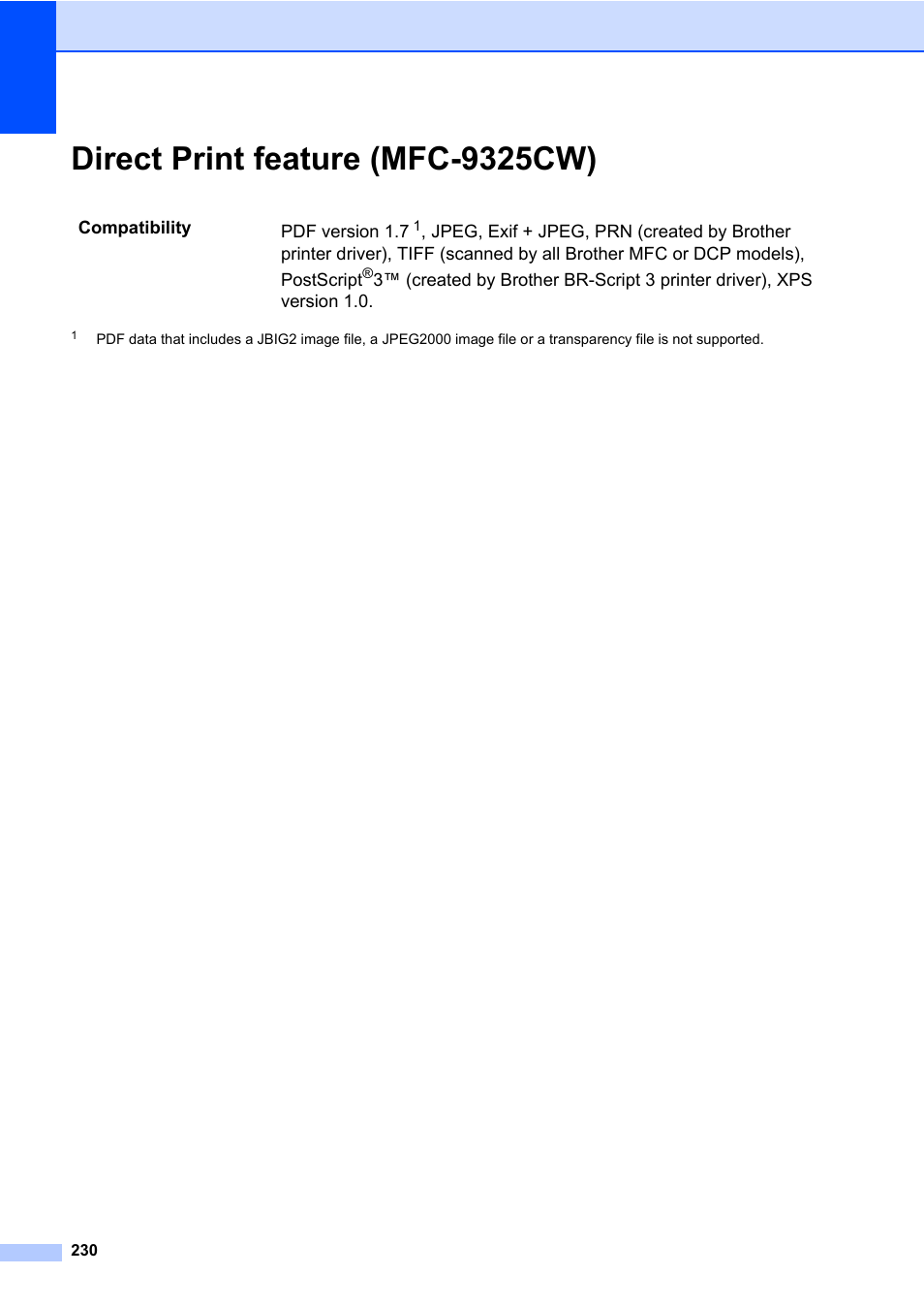 Direct print feature (mfc-9325cw) | Brother Fax Machine/Multi-Function Center MFC-9125CN User Manual | Page 246 / 267