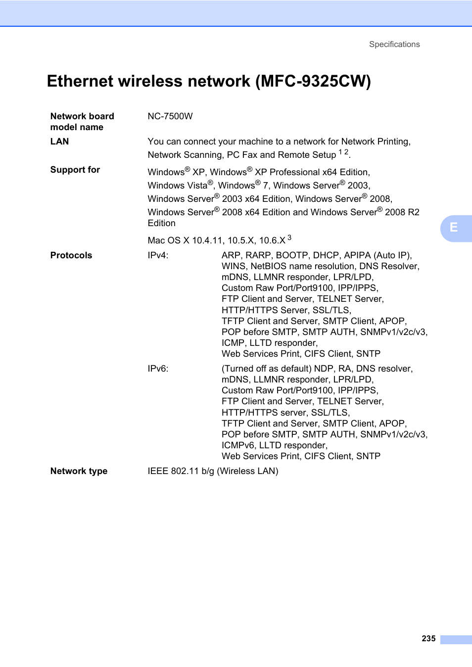 Ethernet wireless network (mfc-9325cw) | Brother Fax Machine/Multi-Function Center MFC-9125CN User Manual | Page 251 / 267