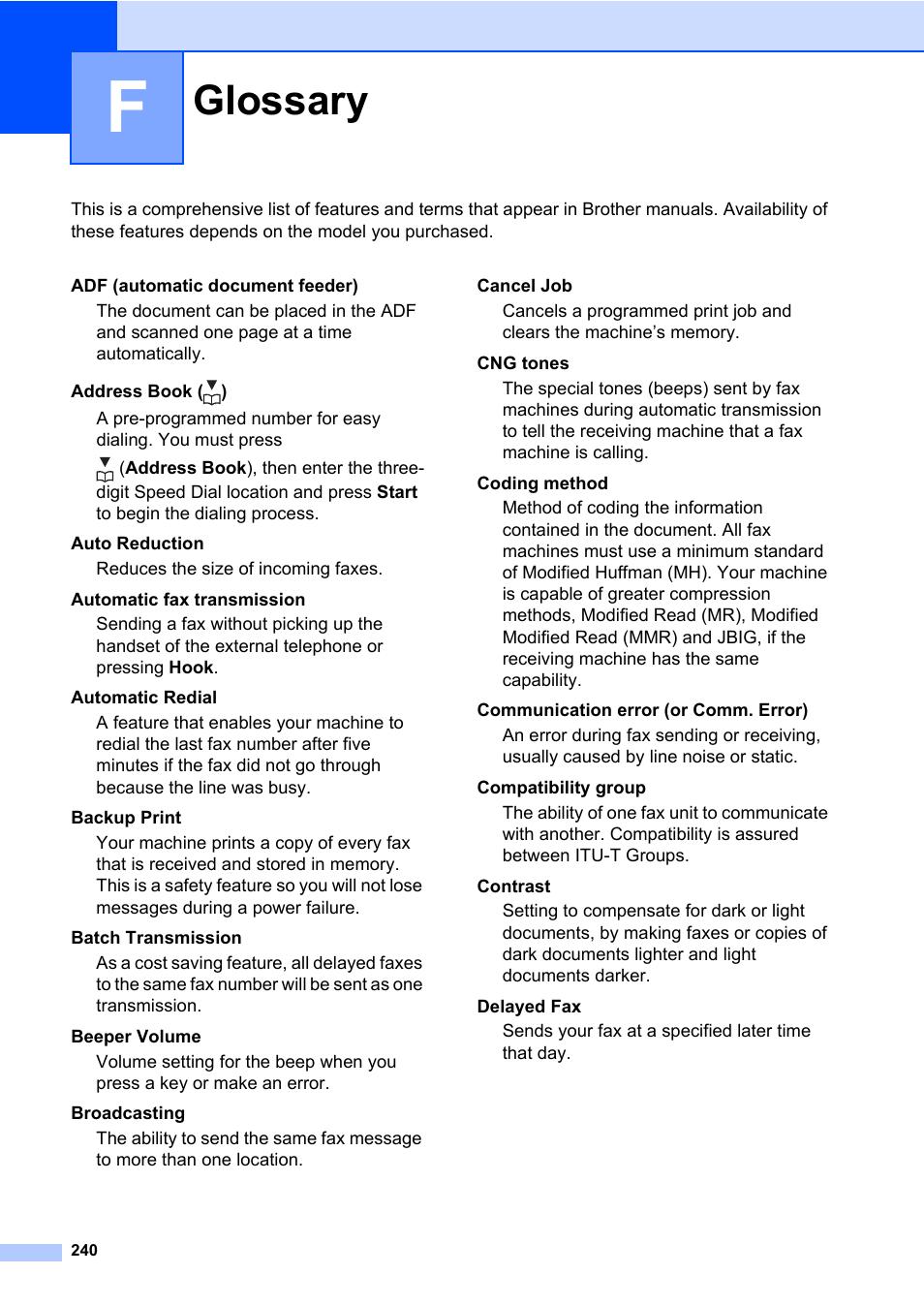 F glossary, Glossary | Brother Fax Machine/Multi-Function Center MFC-9125CN User Manual | Page 256 / 267