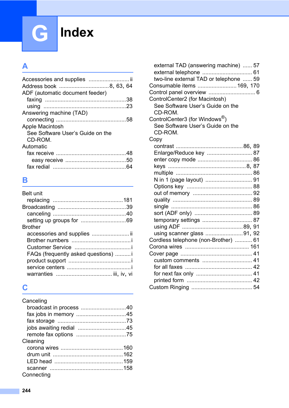 Index | Brother Fax Machine/Multi-Function Center MFC-9125CN User Manual | Page 260 / 267