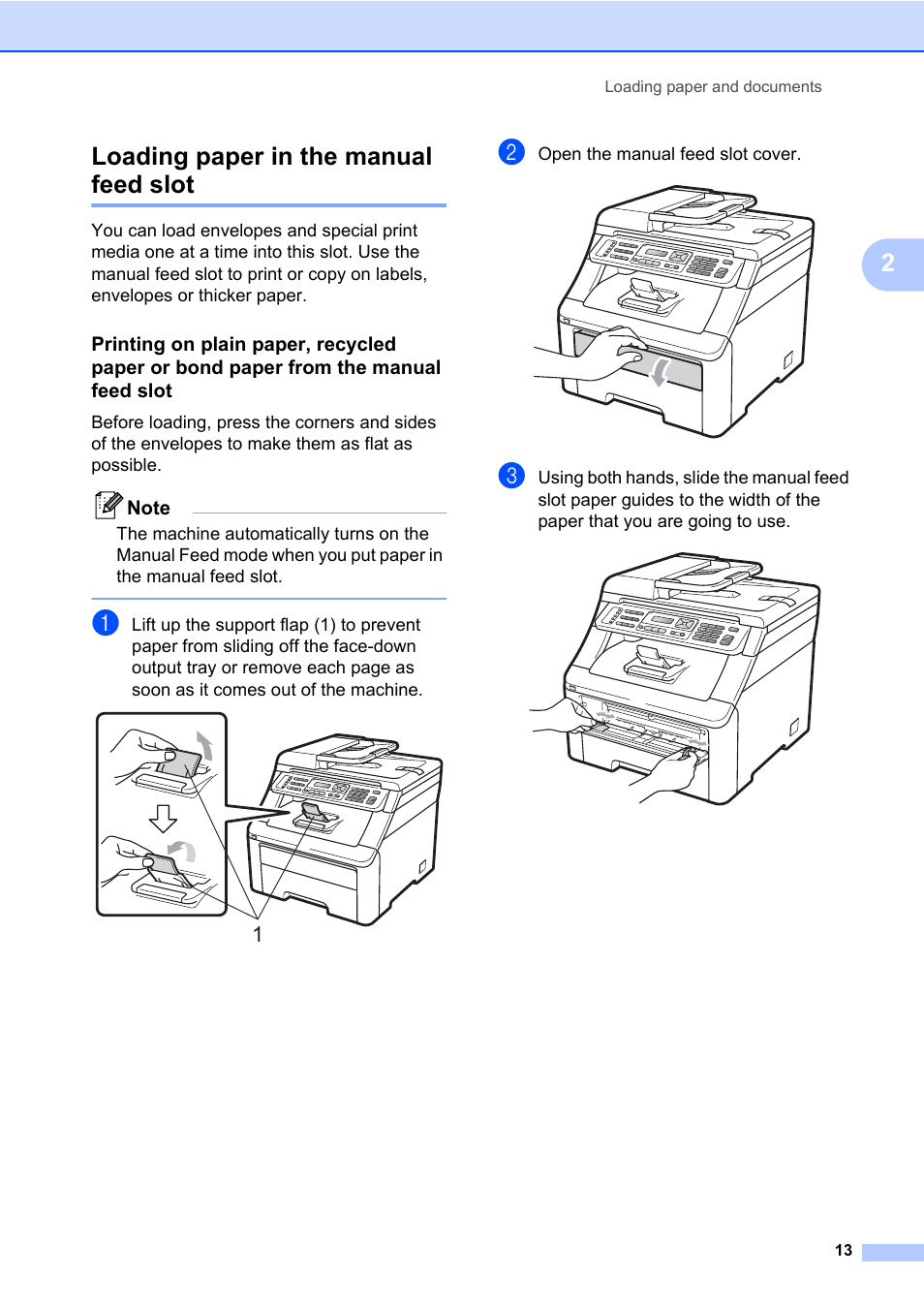 Loading paper in the manual feed slot, 2loading paper in the manual feed slot | Brother Fax Machine/Multi-Function Center MFC-9125CN User Manual | Page 29 / 267