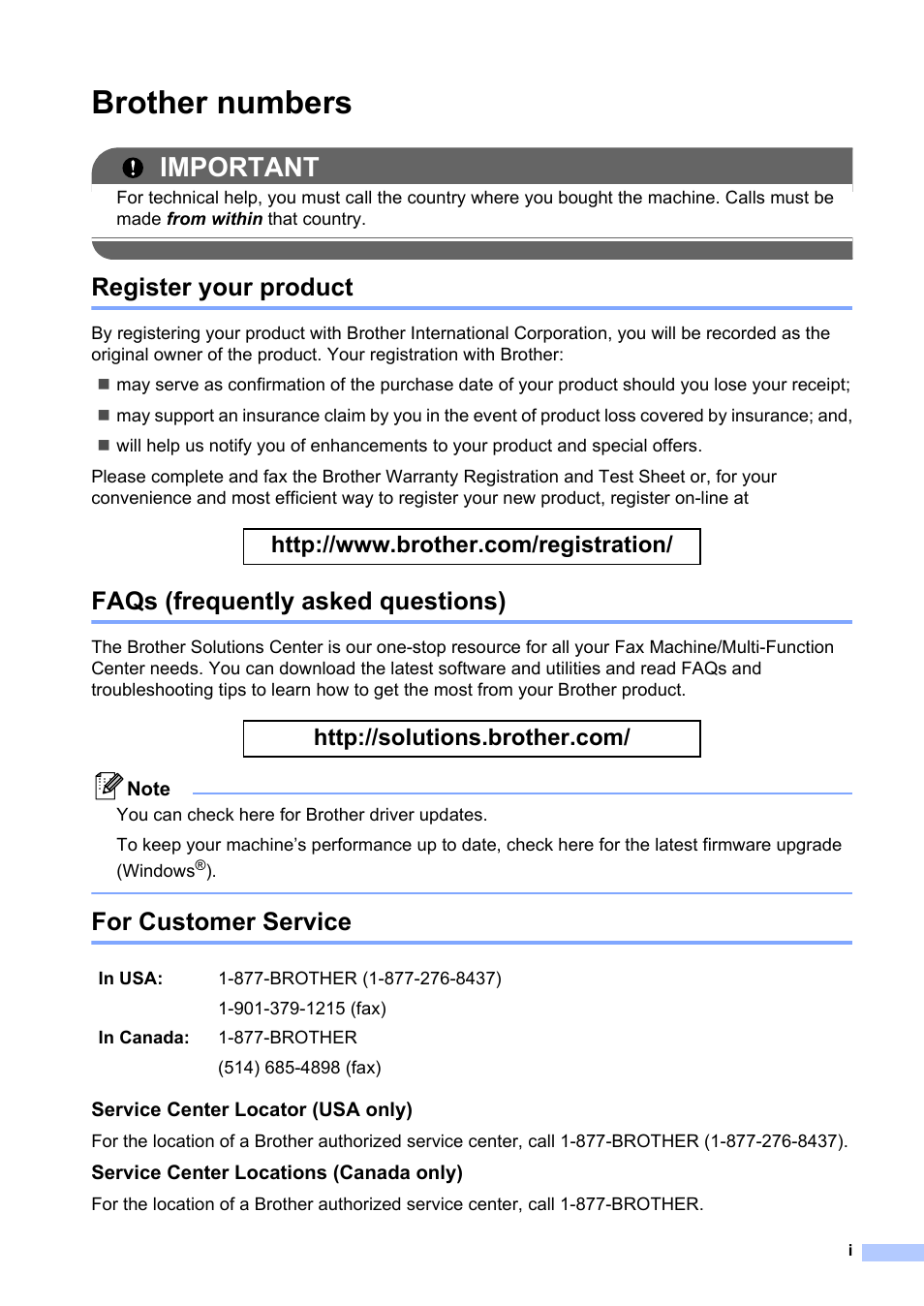 Brother numbers, Register your product, Faqs (frequently asked questions) | For customer service, Important | Brother Fax Machine/Multi-Function Center MFC-9125CN User Manual | Page 3 / 267