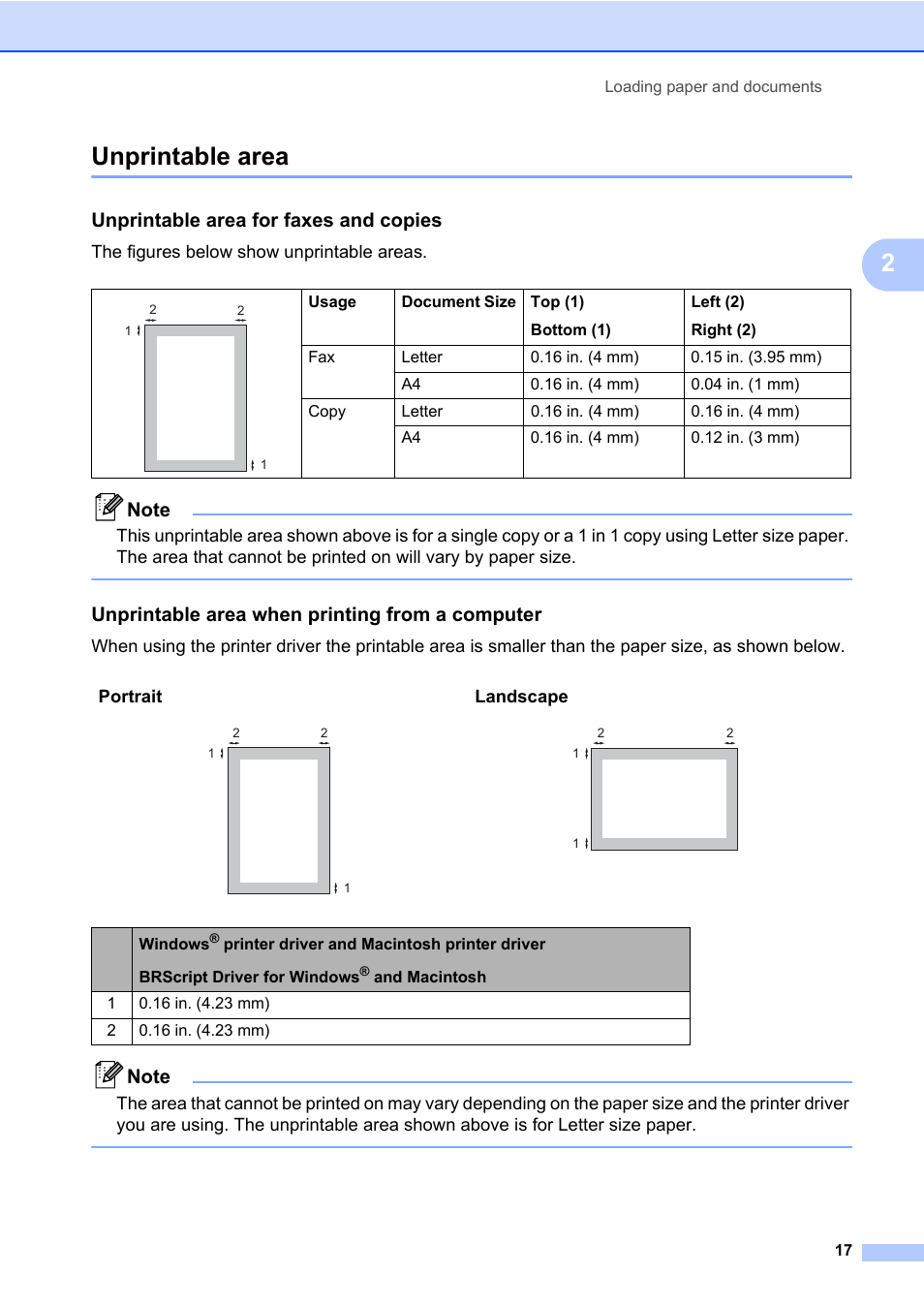 Unprintable area, Unprintable area for faxes and copies, Unprintable area when printing from a computer | 2unprintable area, The figures below show unprintable areas, Portrait landscape | Brother Fax Machine/Multi-Function Center MFC-9125CN User Manual | Page 33 / 267