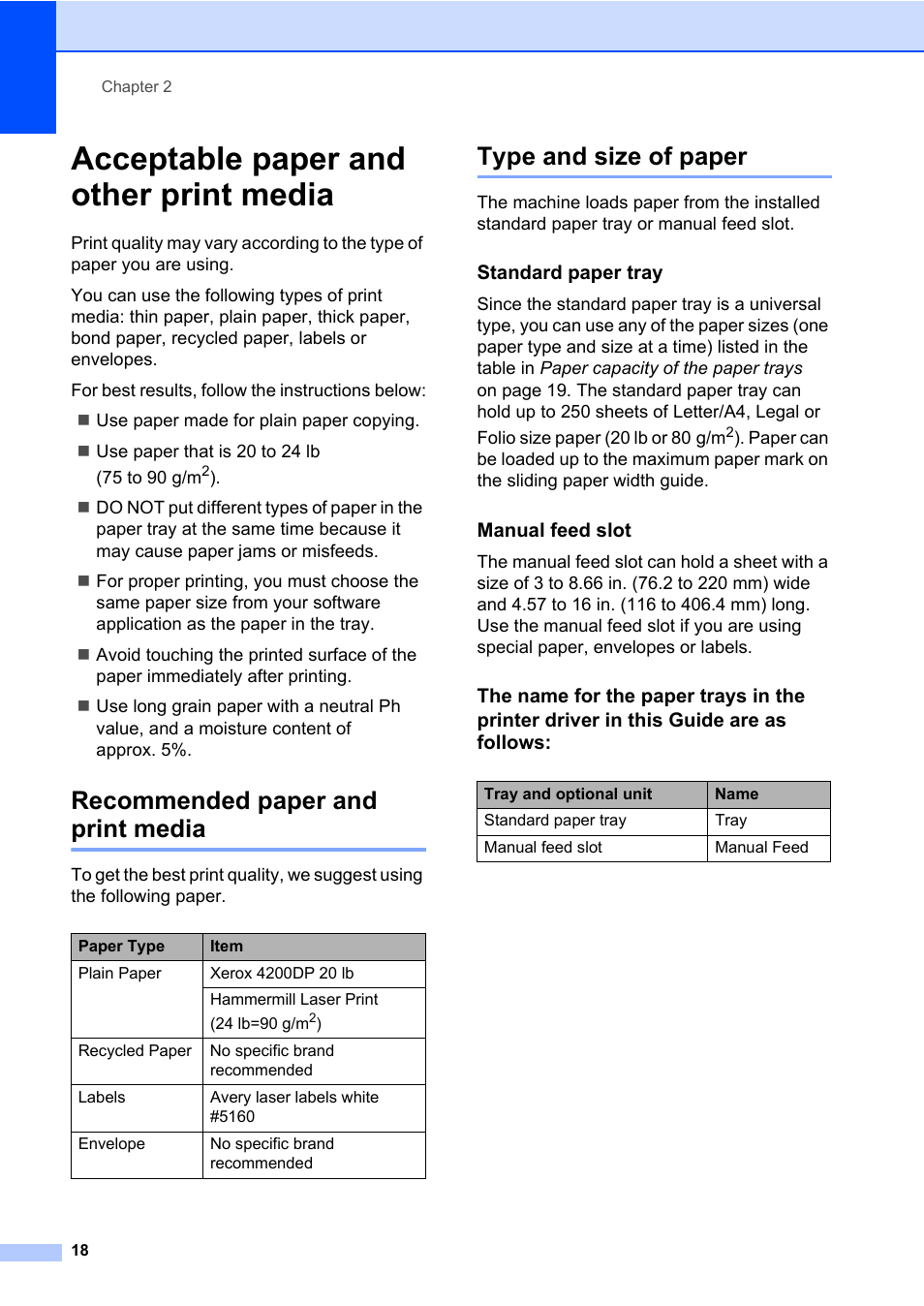 Acceptable paper and other print media, Recommended paper and print media, Type and size of paper | Standard paper tray, Manual feed slot | Brother Fax Machine/Multi-Function Center MFC-9125CN User Manual | Page 34 / 267