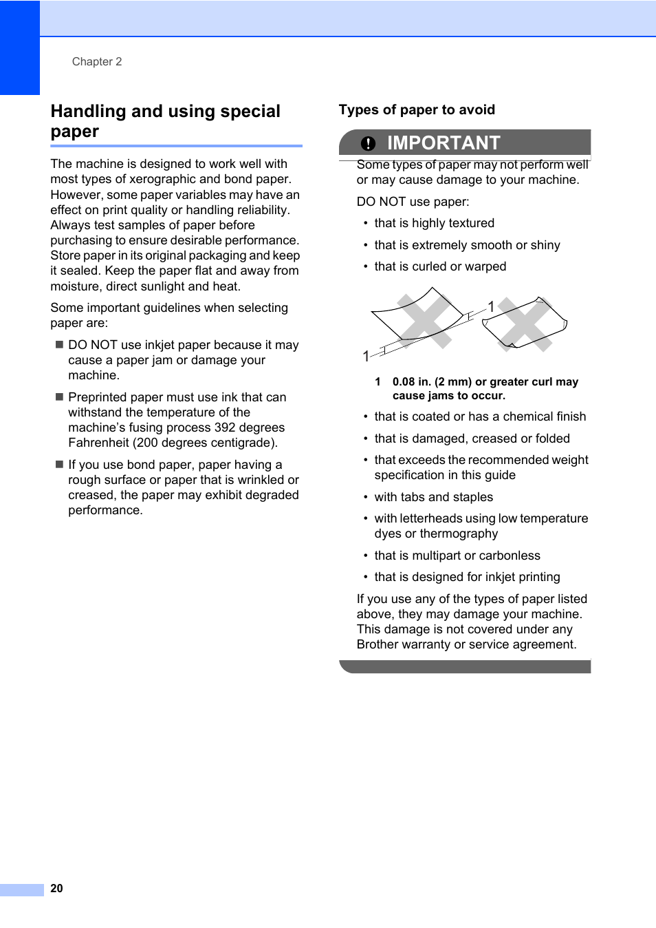 Handling and using special paper, Types of paper to avoid, Important | Brother Fax Machine/Multi-Function Center MFC-9125CN User Manual | Page 36 / 267