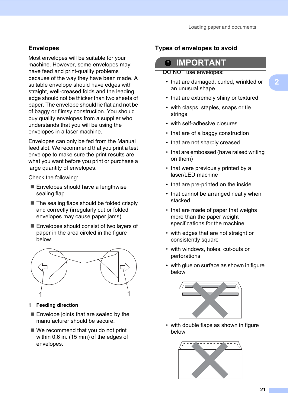 Envelopes, Types of envelopes to avoid, Important | Brother Fax Machine/Multi-Function Center MFC-9125CN User Manual | Page 37 / 267