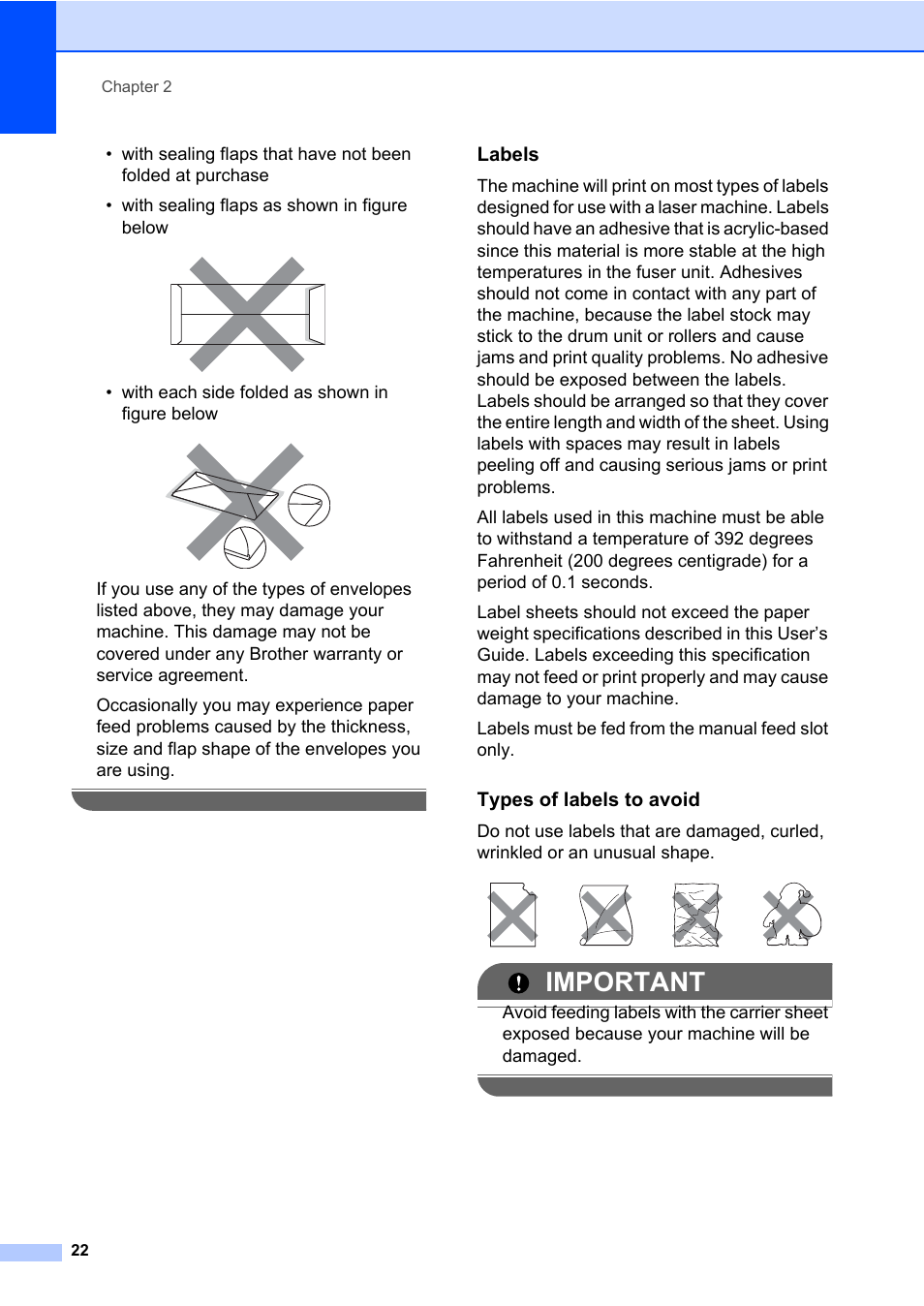 Labels, Types of labels to avoid, Important | With each side folded as shown in figure below | Brother Fax Machine/Multi-Function Center MFC-9125CN User Manual | Page 38 / 267