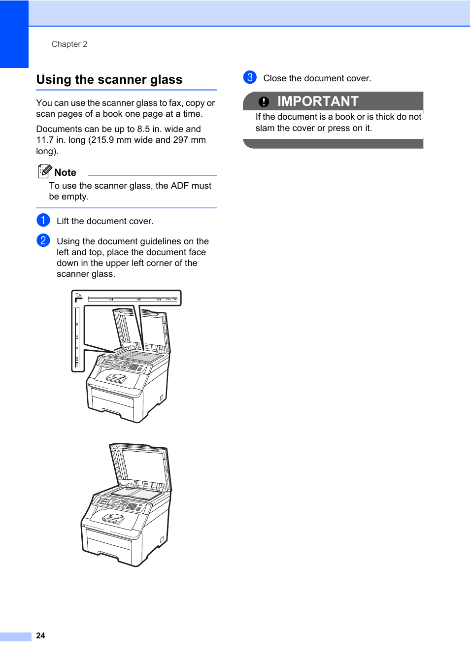 Using the scanner glass, Important | Brother Fax Machine/Multi-Function Center MFC-9125CN User Manual | Page 40 / 267