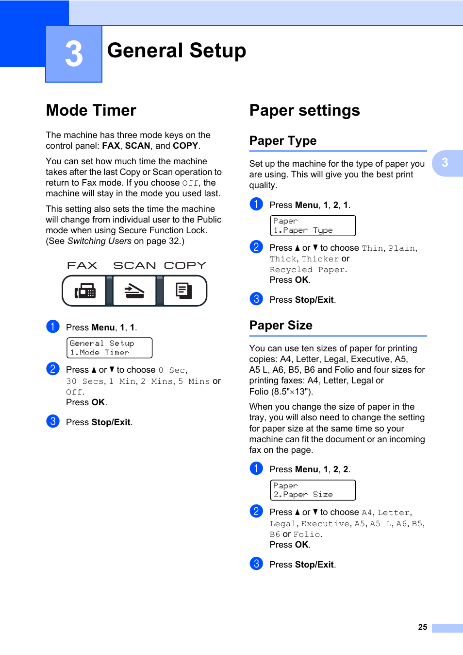 3 general setup, Mode timer, Paper settings | Paper type, Paper size, General setup, Mode timer paper settings, Paper type paper size | Brother Fax Machine/Multi-Function Center MFC-9125CN User Manual | Page 41 / 267