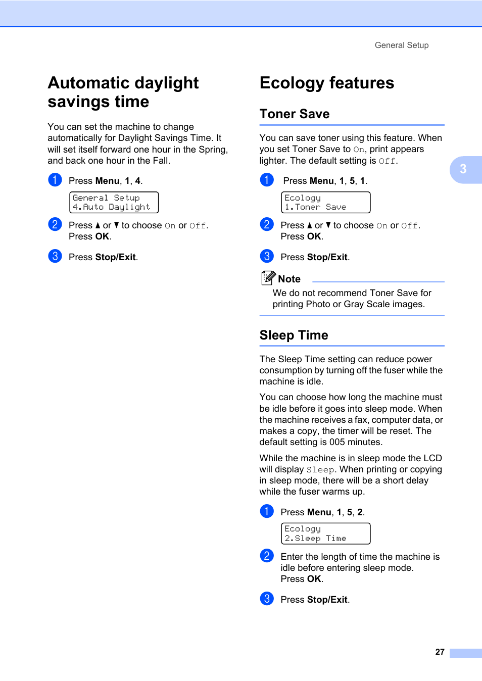 Automatic daylight savings time, Ecology features, Toner save | Sleep time, Automatic daylight savings time ecology features, Toner save sleep time | Brother Fax Machine/Multi-Function Center MFC-9125CN User Manual | Page 43 / 267