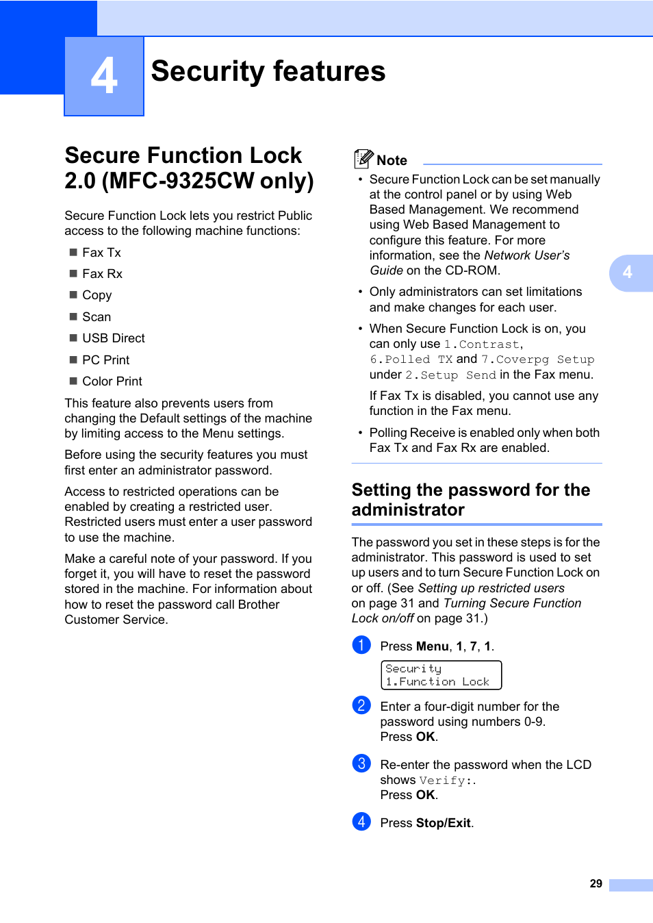 4 security features, Secure function lock 2.0 (mfc-9325cw only), Setting the password for the administrator | Security features | Brother Fax Machine/Multi-Function Center MFC-9125CN User Manual | Page 45 / 267