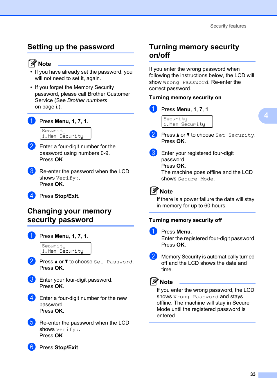 Setting up the password, Changing your memory security password, Turning memory security on/off | 4setting up the password | Brother Fax Machine/Multi-Function Center MFC-9125CN User Manual | Page 49 / 267