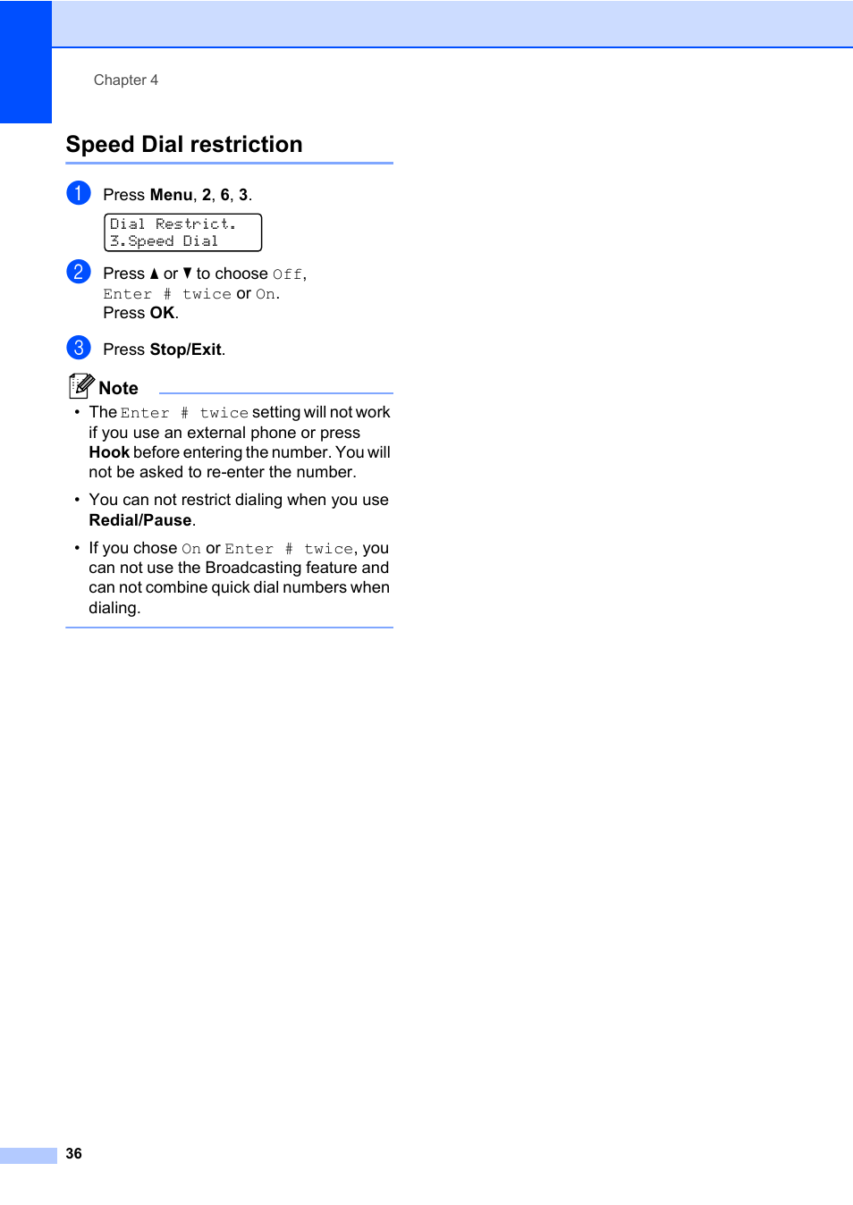 Speed dial restriction | Brother Fax Machine/Multi-Function Center MFC-9125CN User Manual | Page 52 / 267