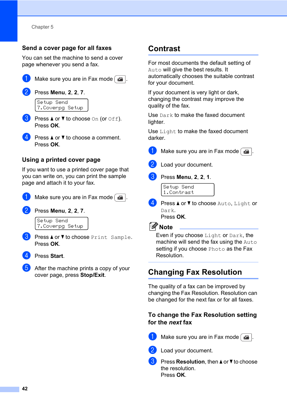 Contrast, Changing fax resolution, Contrast changing fax resolution | Brother Fax Machine/Multi-Function Center MFC-9125CN User Manual | Page 58 / 267