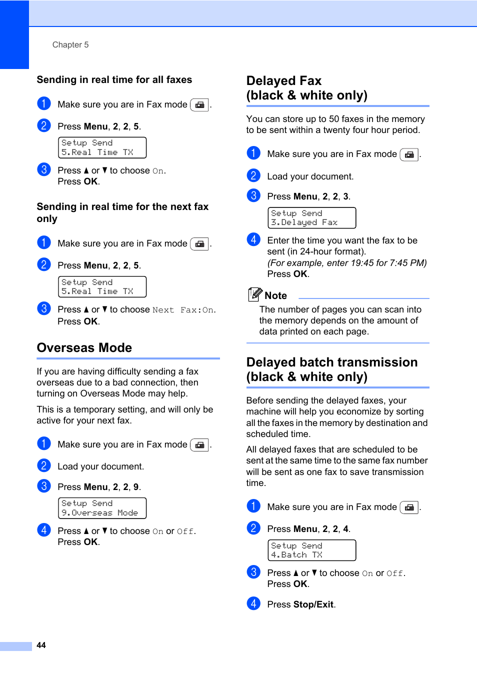 Sending in real time for all faxes, Sending in real time for the next fax only, Overseas mode | Delayed fax (black & white only), Delayed batch transmission (black & white only) | Brother Fax Machine/Multi-Function Center MFC-9125CN User Manual | Page 60 / 267
