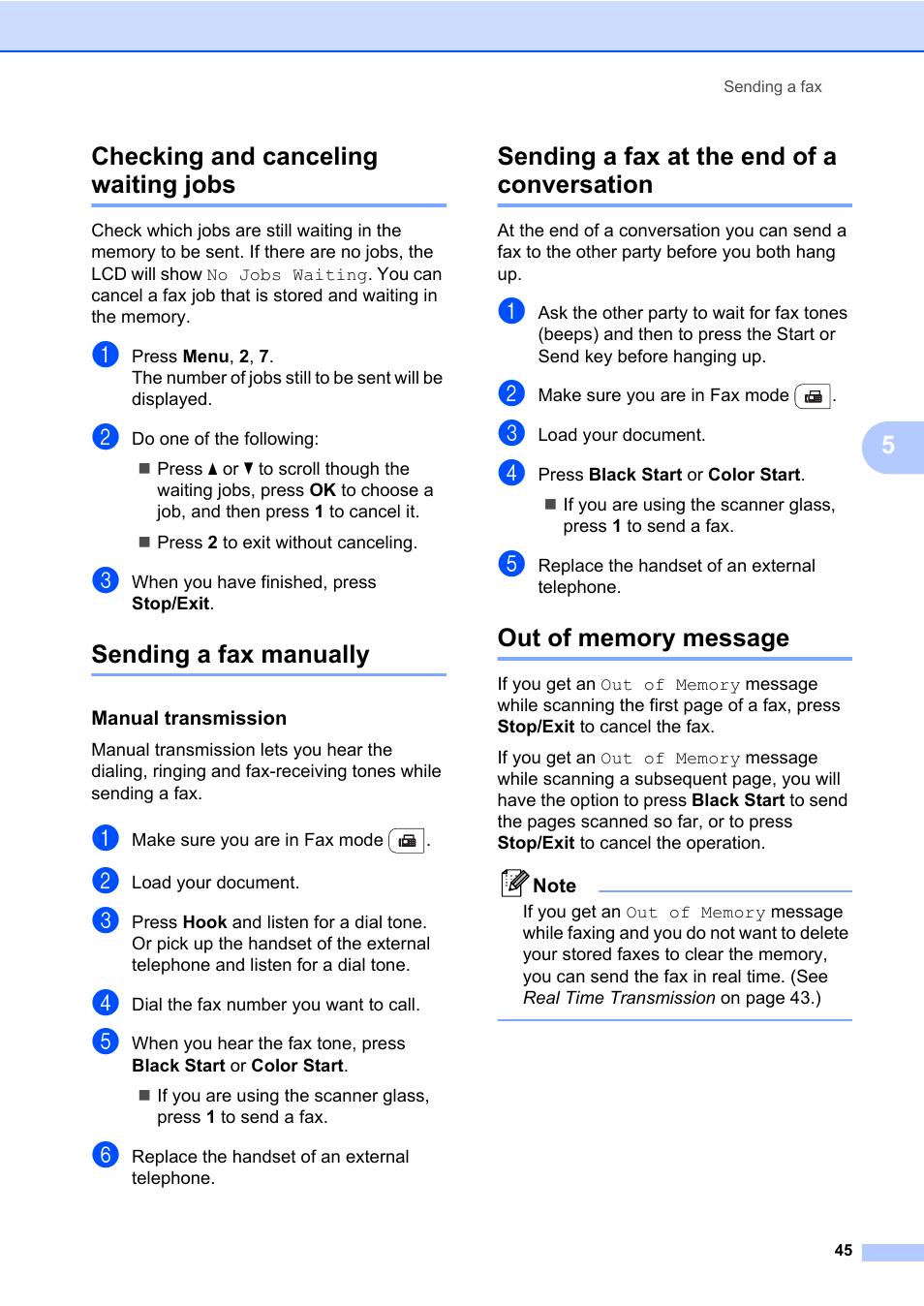 Checking and canceling waiting jobs, Sending a fax manually, Manual transmission | Sending a fax at the end of a conversation, Out of memory message, 5checking and canceling waiting jobs | Brother Fax Machine/Multi-Function Center MFC-9125CN User Manual | Page 61 / 267