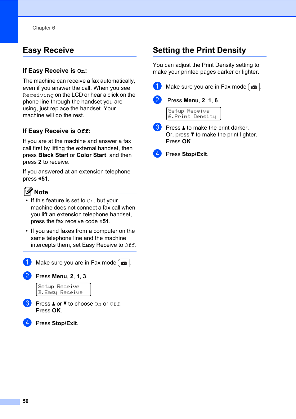 Easy receive, If easy receive is on, If easy receive is off | Setting the print density, Easy receive setting the print density | Brother Fax Machine/Multi-Function Center MFC-9125CN User Manual | Page 66 / 267