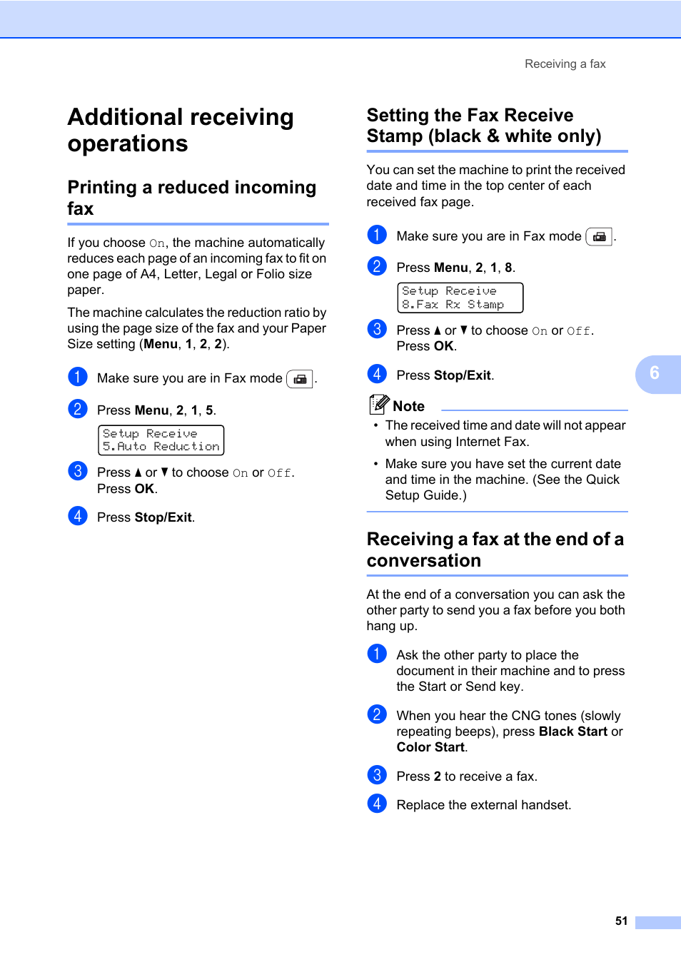 Additional receiving operations, Printing a reduced incoming fax, Setting the fax receive stamp (black & white only) | Receiving a fax at the end of a conversation | Brother Fax Machine/Multi-Function Center MFC-9125CN User Manual | Page 67 / 267