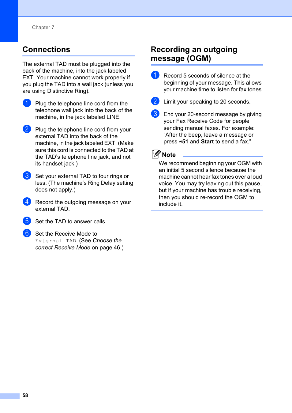 Connections, Recording an outgoing message (ogm), Connections recording an outgoing message (ogm) | Brother Fax Machine/Multi-Function Center MFC-9125CN User Manual | Page 74 / 267