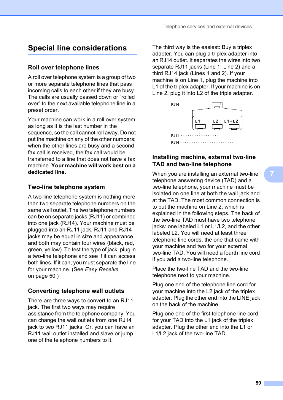 Special line considerations, Roll over telephone lines, Two-line telephone system | Converting telephone wall outlets, 7special line considerations | Brother Fax Machine/Multi-Function Center MFC-9125CN User Manual | Page 75 / 267