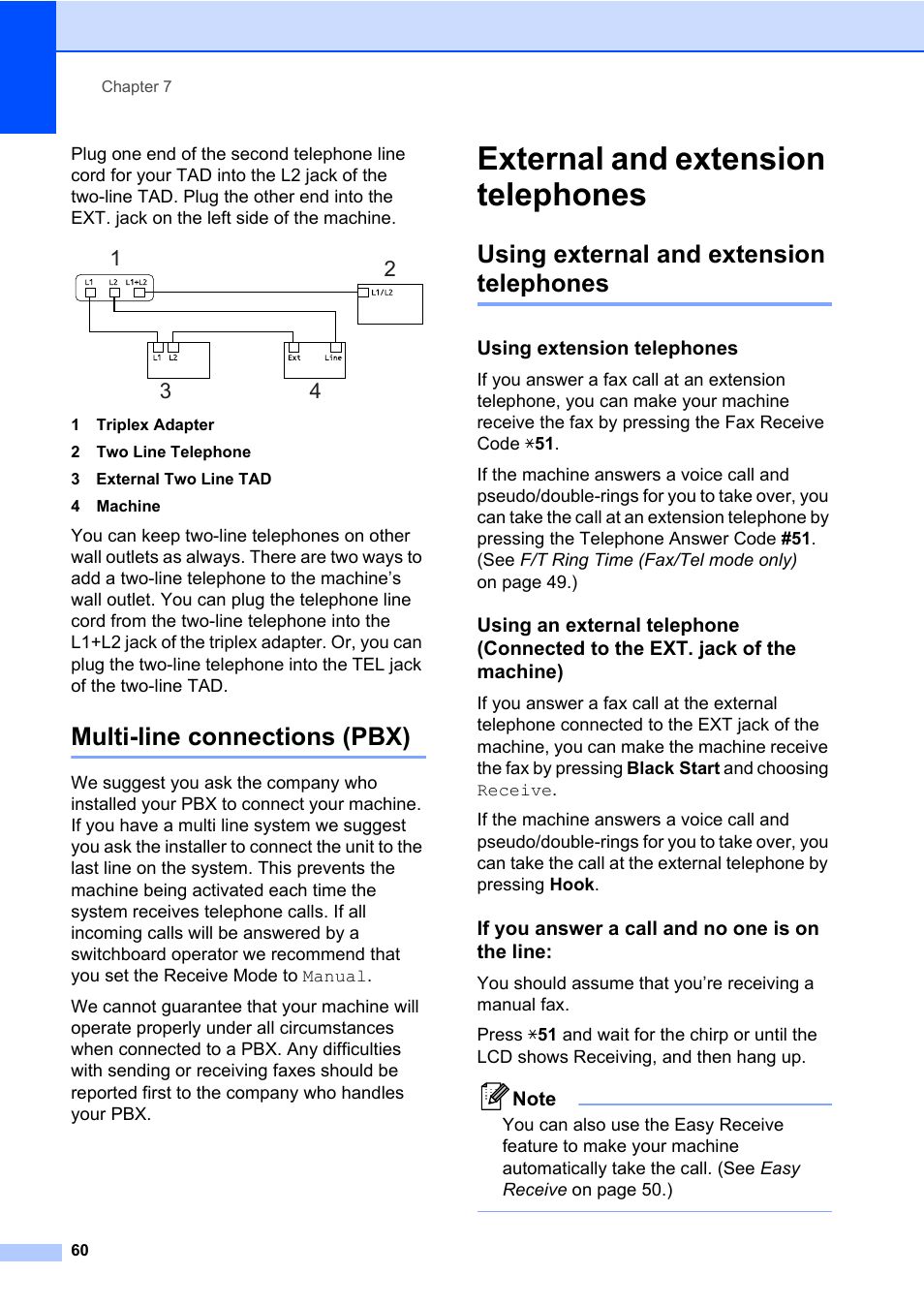 Multi-line connections (pbx), External and extension telephones, Using external and extension telephones | Using extension telephones, If you answer a call and no one is on the line | Brother Fax Machine/Multi-Function Center MFC-9125CN User Manual | Page 76 / 267