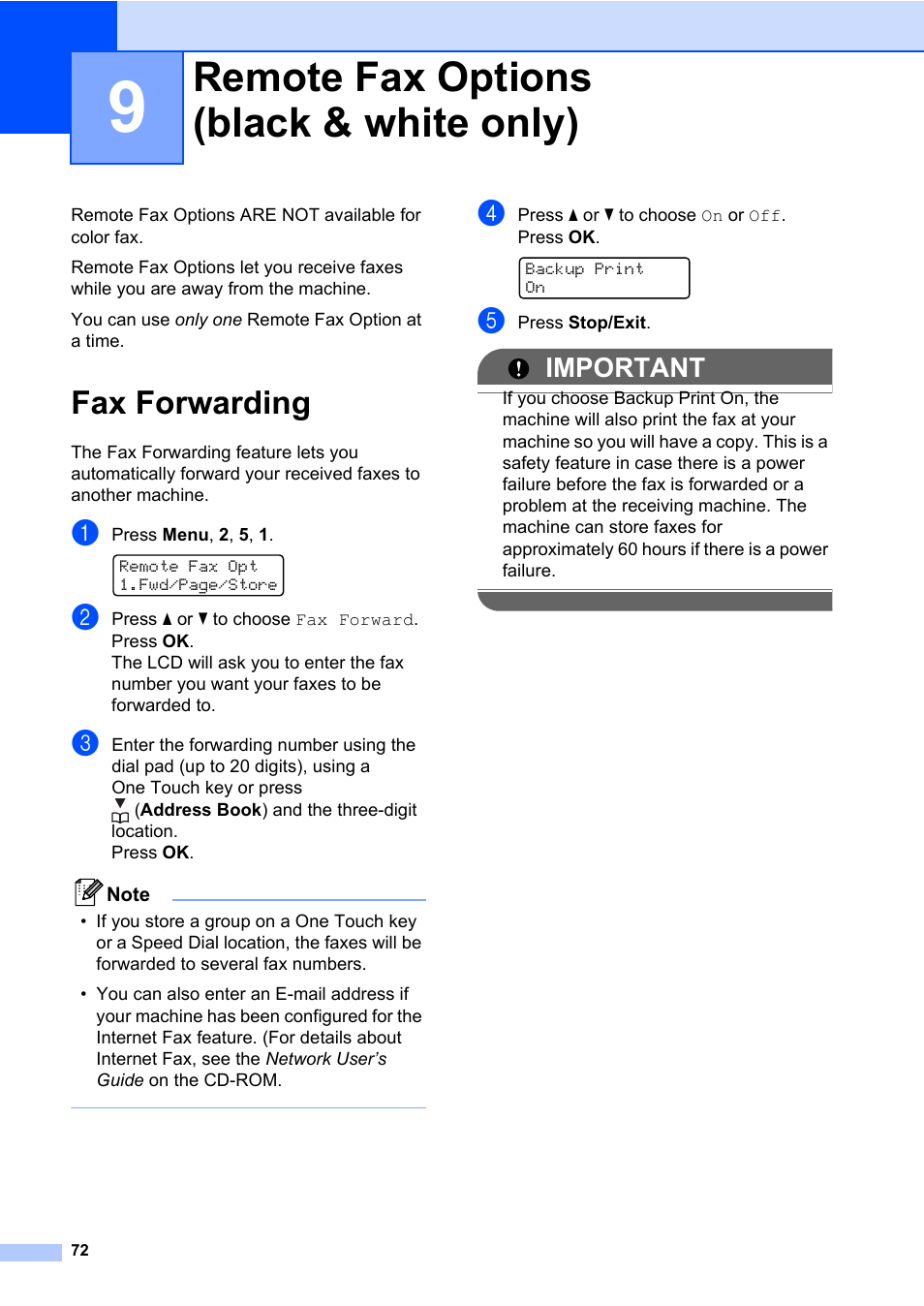 9 remote fax options (black & white only), Fax forwarding, Remote fax options (black & white only) | Important | Brother Fax Machine/Multi-Function Center MFC-9125CN User Manual | Page 88 / 267