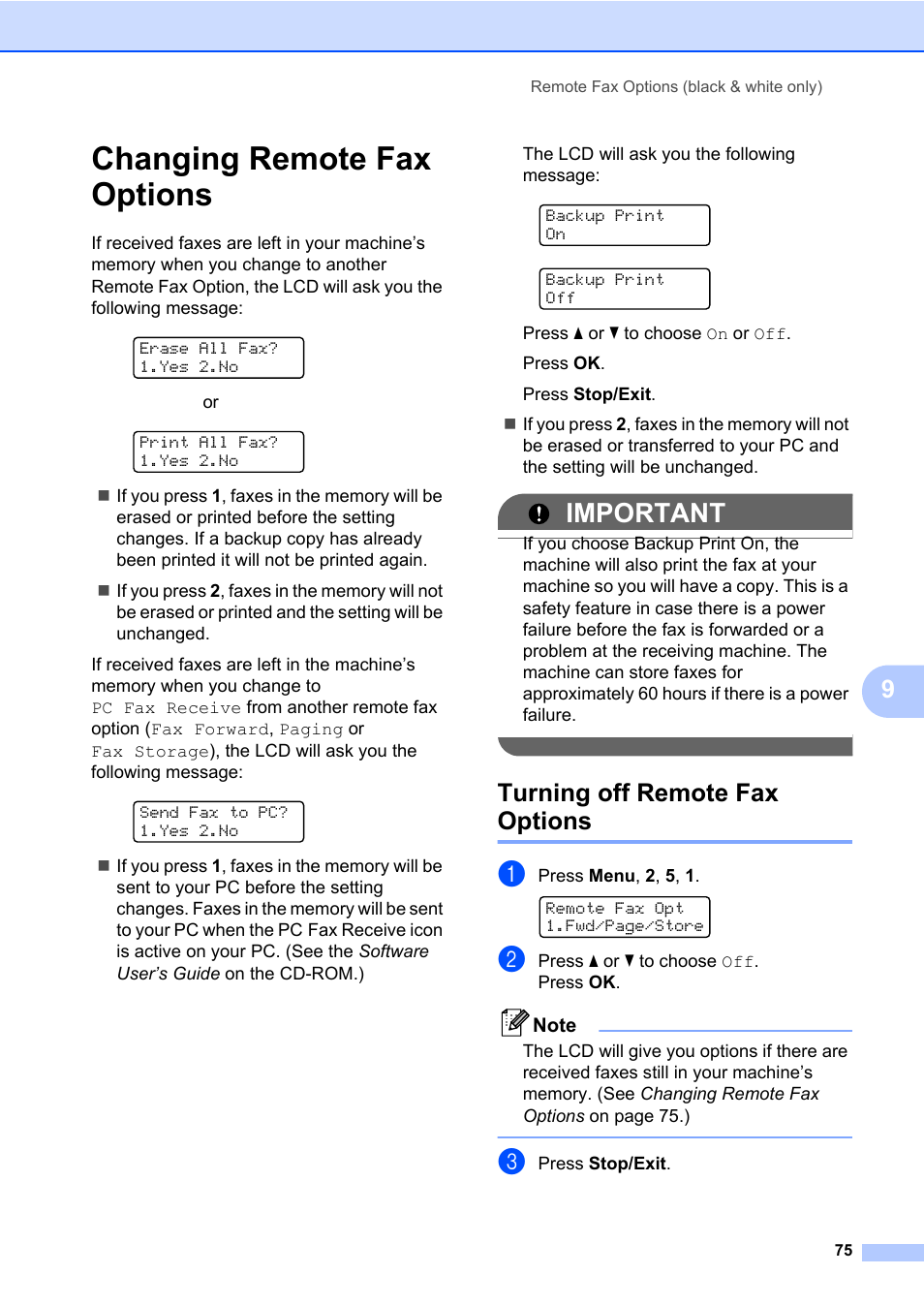 Changing remote fax options, Turning off remote fax options, Important | Brother Fax Machine/Multi-Function Center MFC-9125CN User Manual | Page 91 / 267