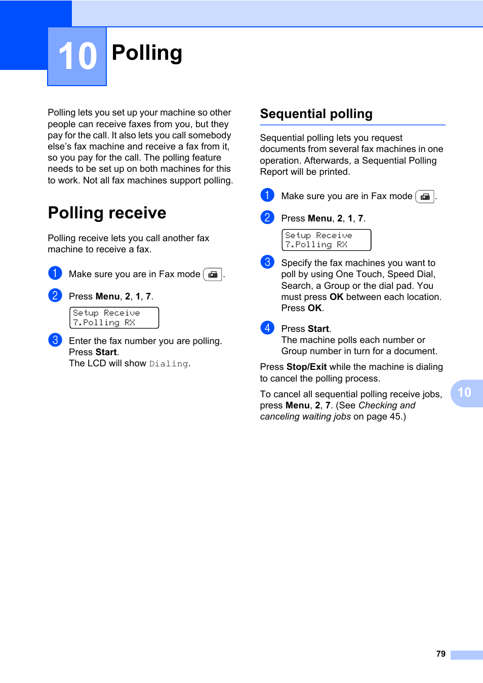 10 polling, Polling receive, Sequential polling | Polling | Brother Fax Machine/Multi-Function Center MFC-9125CN User Manual | Page 95 / 267