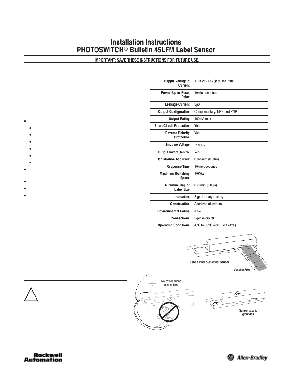 Rockwell Automation 45LFM Label Photoelectric Sensor User Manual | 4 pages