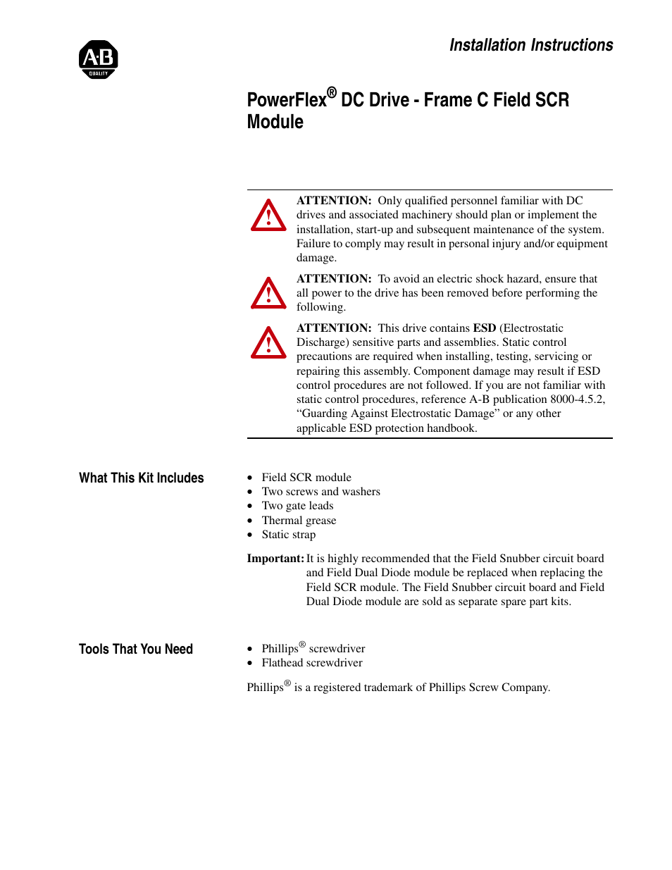 Rockwell Automation 20P PowerFlex DC Drive - Frame C Field SCR Module User Manual | 10 pages