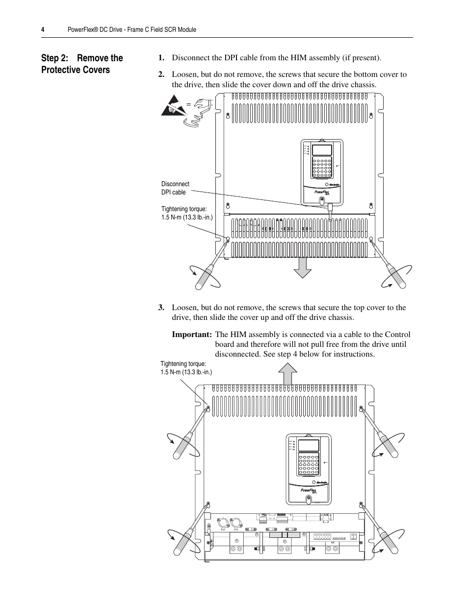 Step 2: remove the protective covers | Rockwell Automation 20P PowerFlex DC Drive - Frame C Field SCR Module User Manual | Page 4 / 10