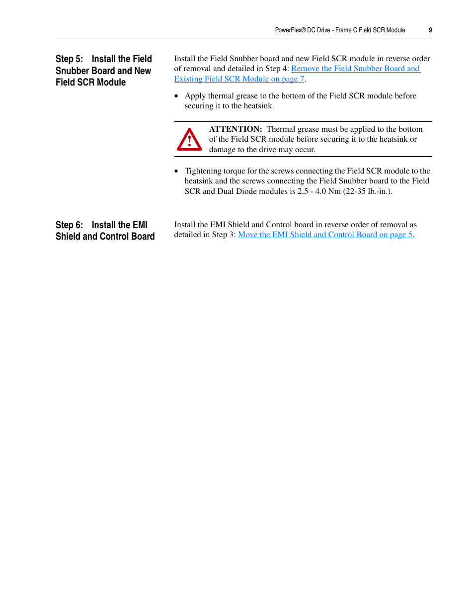 Step 6: install the emi shield and control board | Rockwell Automation 20P PowerFlex DC Drive - Frame C Field SCR Module User Manual | Page 9 / 10