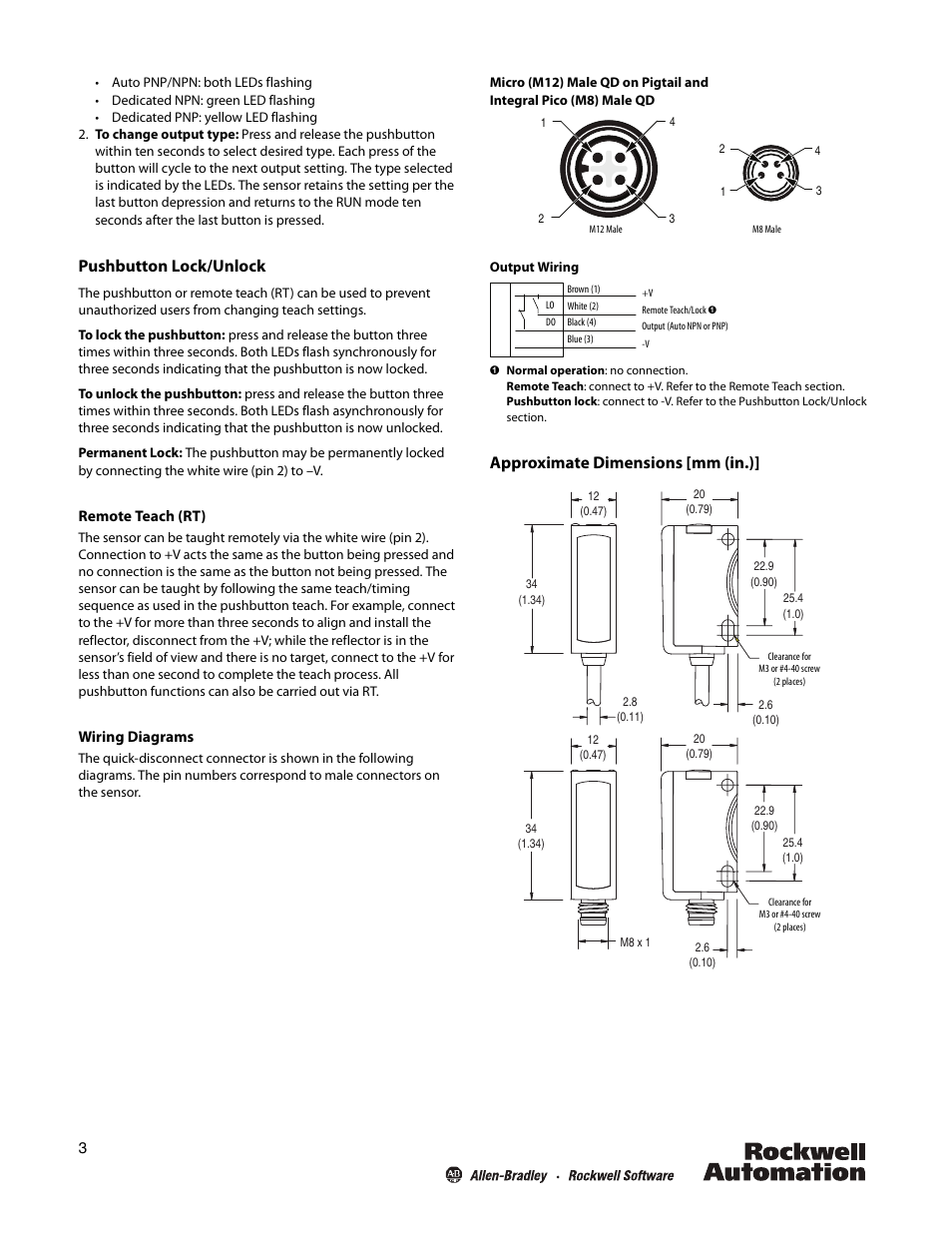 Pushbutton lock/unlock, Approximate dimensions [mm (in.) | Rockwell Automation 42JT VisiSight Photoelectric Clear Object Sensors User Manual | Page 3 / 4