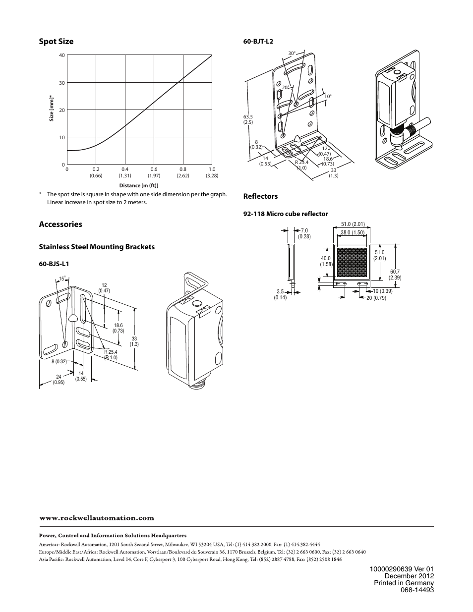 Spot size, Accessories, Stainless steel mounting brackets | Reflectors | Rockwell Automation 42JT VisiSight Photoelectric Clear Object Sensors User Manual | Page 4 / 4