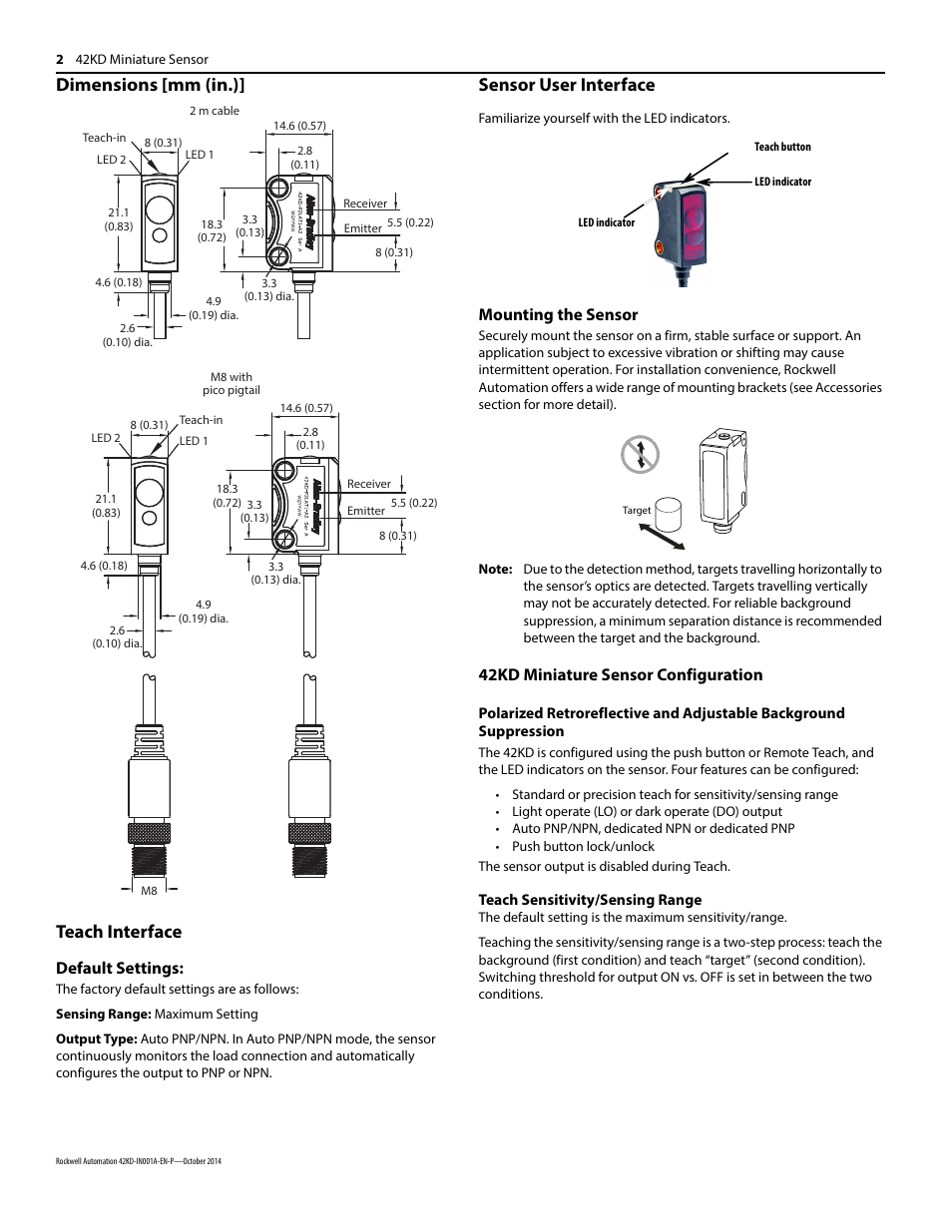 Dimensions [mm (in.)] teach interface, Sensor user interface, Default settings | Mounting the sensor, 42kd miniature sensor configuration | Rockwell Automation 42KD Miniature Sensor Installation Instructions User Manual | Page 2 / 4