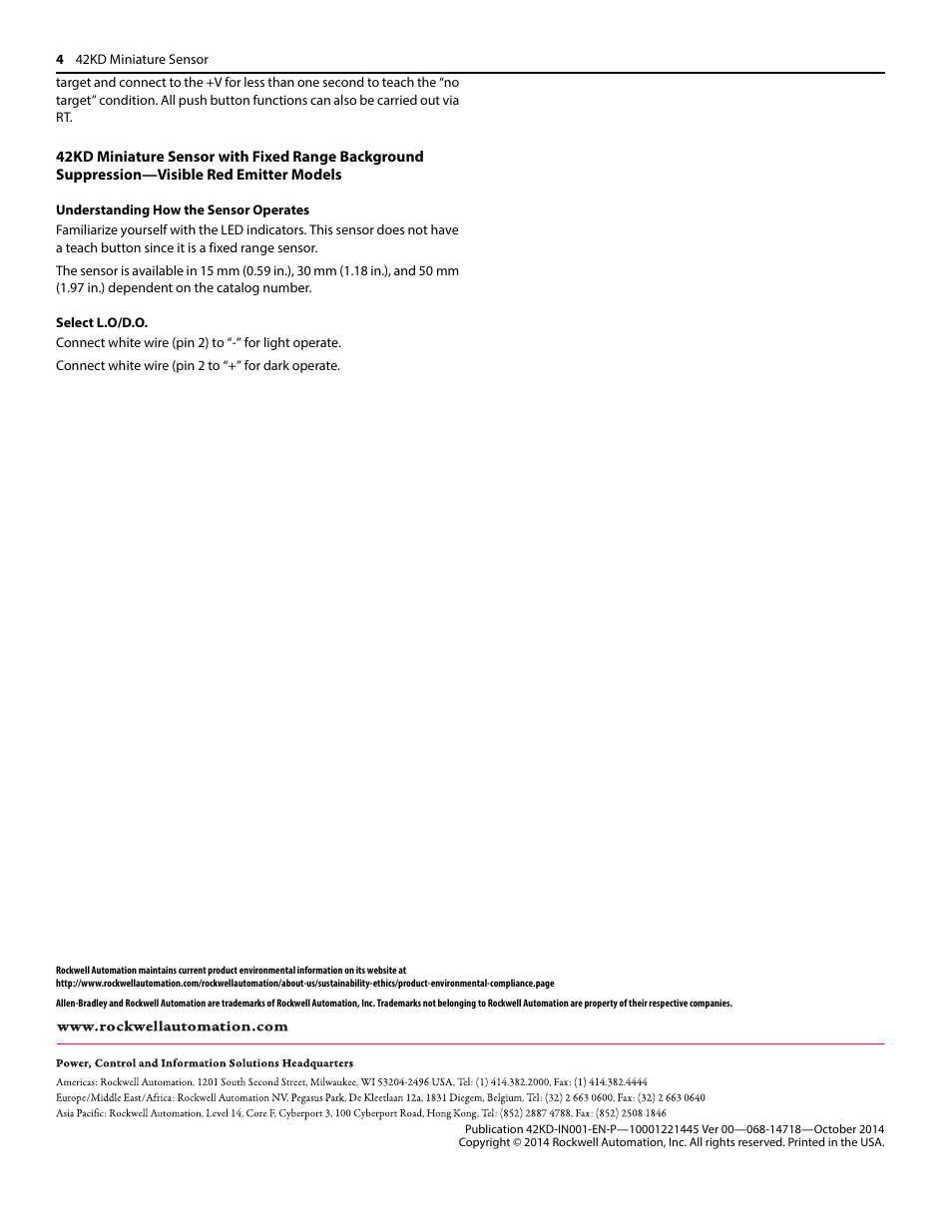 Rockwell Automation 42KD Miniature Sensor Installation Instructions User Manual | Page 4 / 4