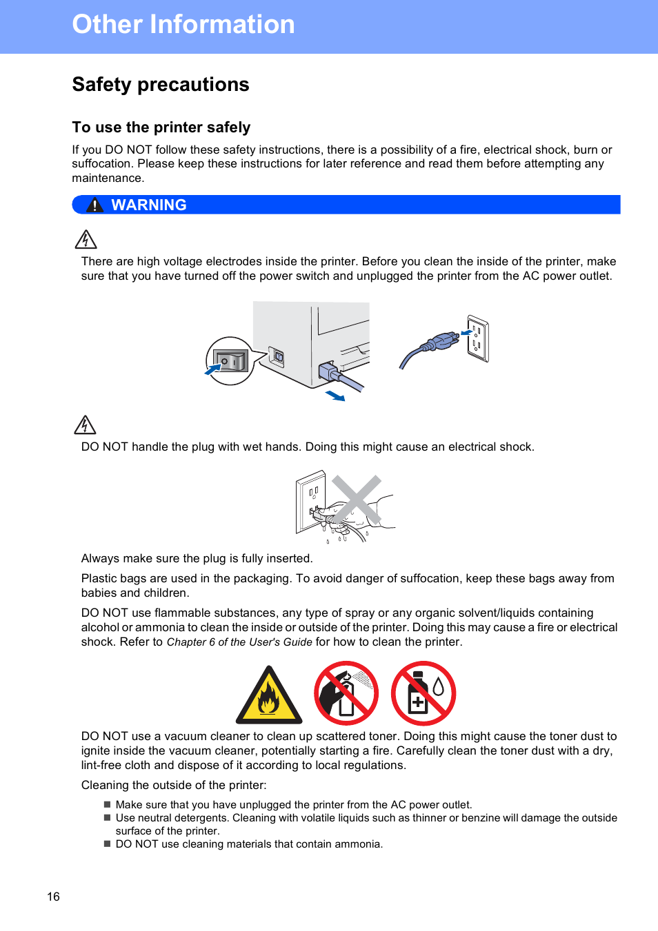 Other information, Safety precautions, To use the printer safely | Warning | Brother HL-3040CN User Manual | Page 16 / 24