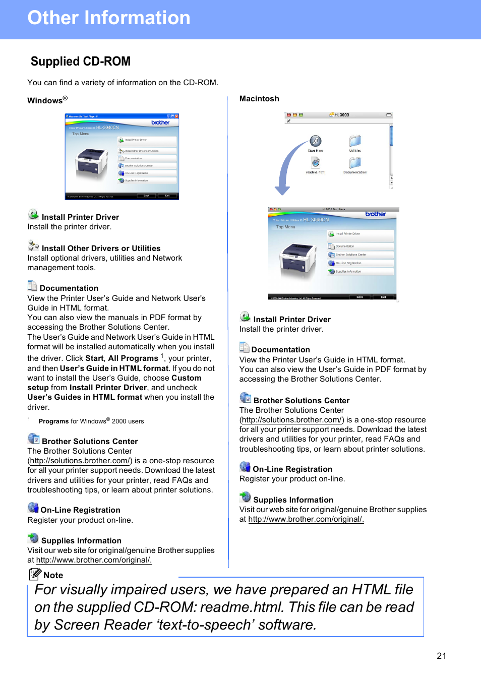 Supplied cd-rom, Windows, Macintosh | Other information | Brother HL-3040CN User Manual | Page 21 / 24