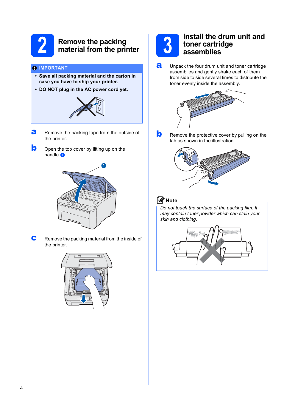 2 remove the packing material from the printer | Brother HL-3040CN User Manual | Page 4 / 24