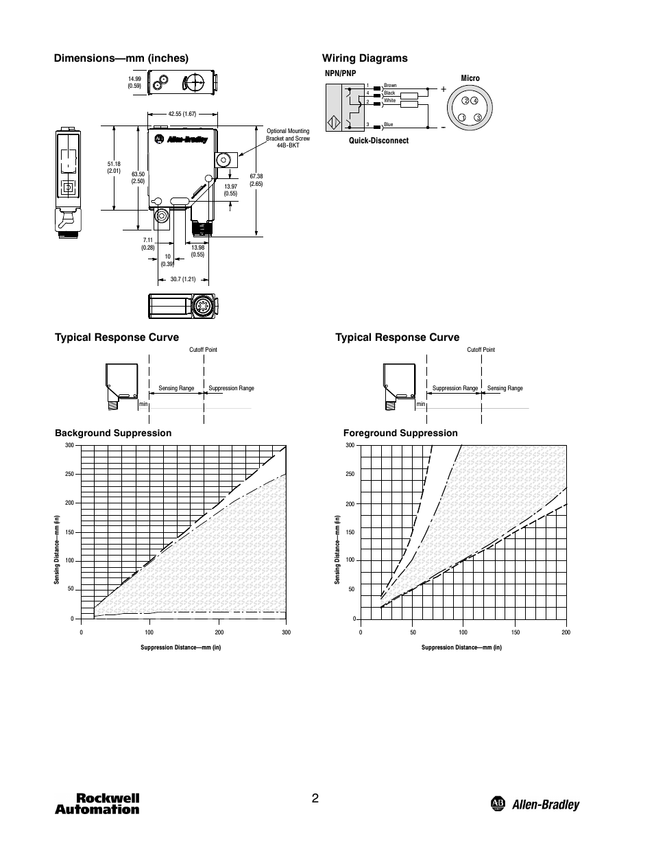 Dimensions—mm (inches), Wiring diagrams, Typical response curve | Background suppression foreground suppression | Rockwell Automation 44B Installation Instructions User Manual | Page 2 / 4